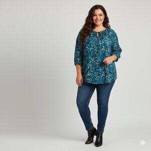 Croft & Barrow Women's Plus 2X Teal Abstract Print Blouse 3/4 Sleeve Pleated Nec